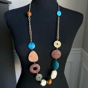 Long‎ Wooden Bead Brass Toned Statement Necklace
